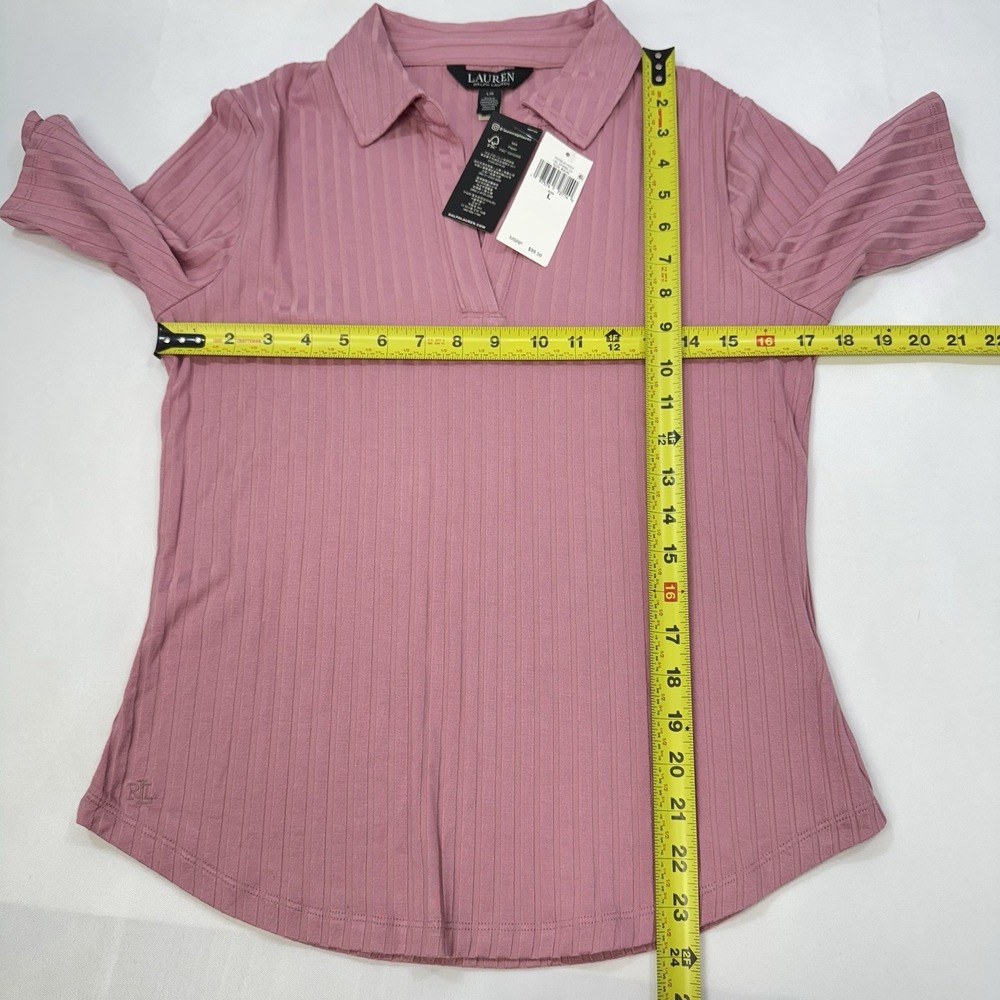 Lauren Ralph Lauren Rose Muave Ribbed Polo Blouse Preppy Office Womens Large NEW - Picture 12 of 13